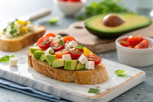 Freshly prepared avocado toast garnished with cherry tomatoes and feta cheese sits on a marble board. The vibrant colors and textures create an appealing dish perfect for breakfast or a snack.