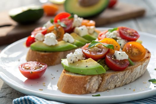 Slices of rustic bread topped with creamy avocado, colorful cherry tomatoes, and crumbled cheese on a white plate. A fresh and healthy breakfast option in a sunny kitchen.