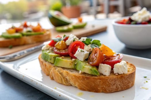 A delicious slice of toasted bread topped with creamy avocado, vibrant cherry tomatoes, and feta cheese sits in a well-lit café. A side salad adds to the fresh presentation.