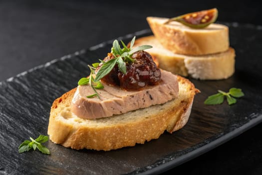 Delicious toasted bread topped with smooth pâté, fig preserves, and fresh herbs creates an elegant appetizer. Perfect for dining occasions, showcasing culinary artistry and flavors.