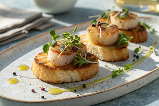Three perfectly seared scallops rest atop slices of toasted bread, artfully arranged with fresh greens and a drizzle of oil, creating an inviting culinary presentation.