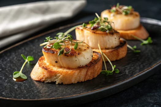 Juicy scallops are perfectly seared and served atop crispy toasted bread, adorned with fresh microgreens.