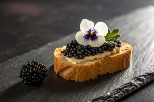 A gourmet appetizer is presented with caviar on a slice of bread topped with a delicate edible flower and herb. The dish is set on a dark slate surface, enhancing its elegance.