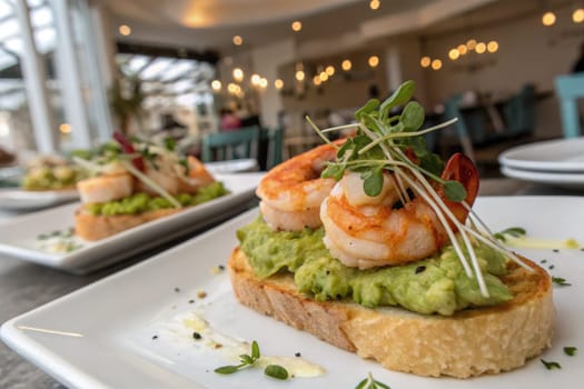 Gourmet shrimp placed on creamy avocado spread atop toasted bread. The cozy restaurant ambiance features soft lighting and inviting decor. A perfect meal enjoyed in the afternoon.