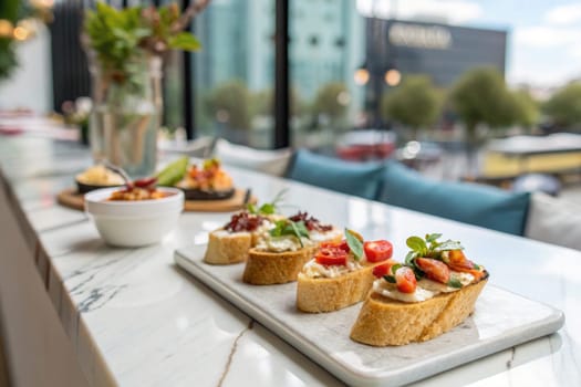 A selection of colorful appetizers is artfully arranged on a marble table in a stylish restaurant. Bright tomatoes, herbs, and garnishes create an inviting presentation, drawing attention.