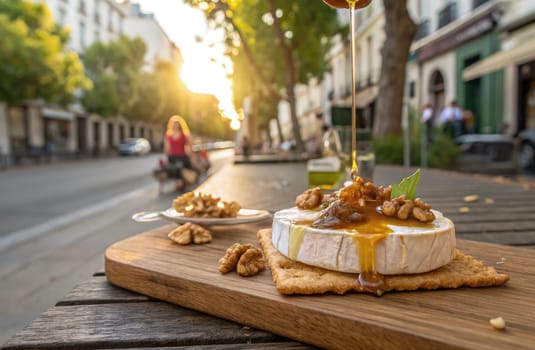 Guests savor cheese topped with honey and walnuts on a wooden platter. The warm sunlight sets a cheerful atmosphere along the lively urban street during a pleasant evening.