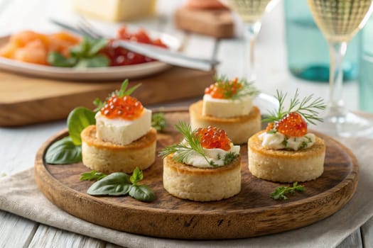A beautifully arranged platter showcases gourmet bites topped with caviar and fresh herbs. The setting includes elegant glasses, creating an inviting atmosphere for a dinner gathering.