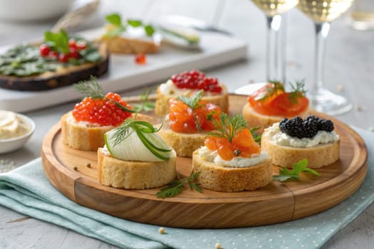 A selection of gourmet canapes is elegantly arranged on a wooden platter.