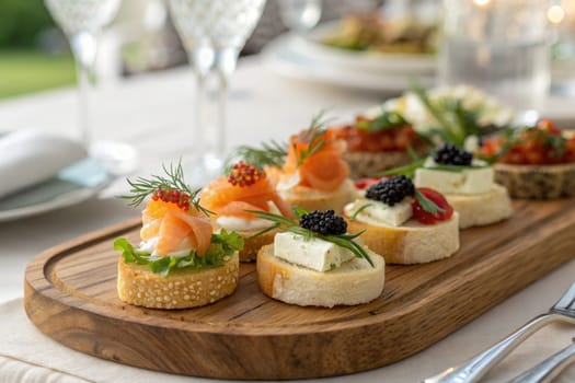 A wooden platter is beautifully arranged with an assortment of appetizers, featuring fresh seafood, cream cheese, and herbs.
