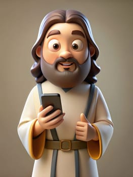 A cartoon-style Jesus Christ with long hair and a beard is smiling while holding a smartphone. The character is dressed in a simple robe with a belt.