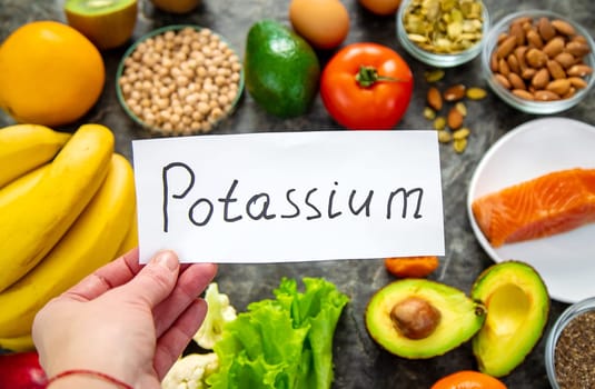 Different foods containing potassium. Selective focus. food.