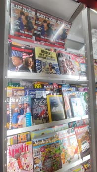 October 18 2024 Liberec Czech Republic Europe, Magazines rack display shop shelf shotlisttravel shopping centre travel tourism objects commercial editorial business . High quality photo