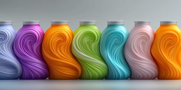 Vibrant colorful bottles with swirling designs stand in a row, showcasing unique packaging for cosmetic or beauty products.