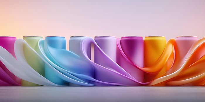 Colorful cans are displayed with vibrant pastel fabric swirls, creating a dynamic and modern product presentation.