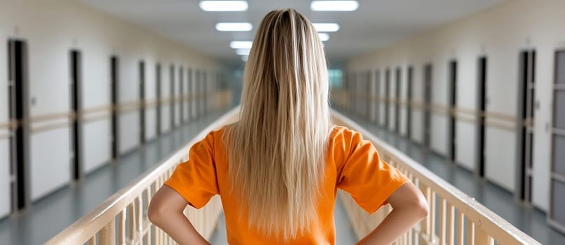 A young woman in an orange jumpsuit stands in a prison corridor, looking down the long hallway.