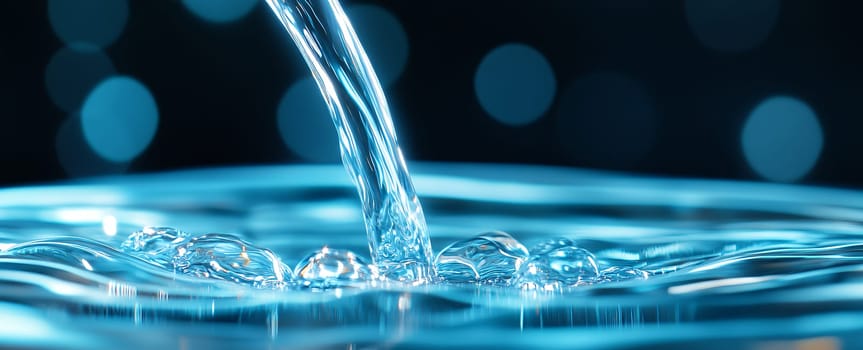 Clean, refreshing water pours into a glass, creating beautiful ripples and bubbles.