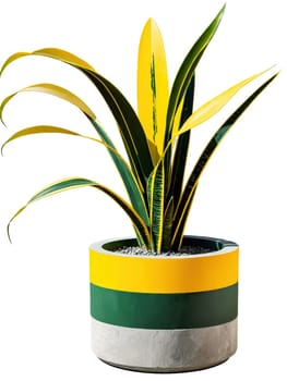 Snake Plant in a modern, geometric concrete planter, bold architectural lines, deep green and yellow foliage, isolated