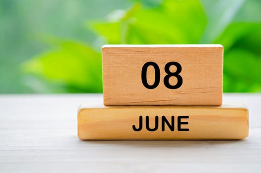 8 June wooden calendar with customizable space for text or ideas. June month concept