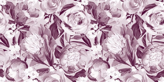 Botanical seamless pattern with peonies and sakura branches drawn in gouache for textile and design