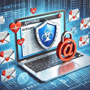 3D representation of a laptop with email security icon surrounded by digital icons. Concept for data protection, spam protection and cyber security.