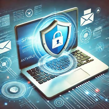 3D representation of a laptop with email security icon surrounded by digital icons. Concept for data protection, spam protection and cyber security.