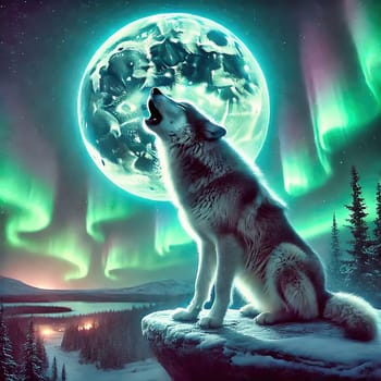 A wolf howls on a snow-covered rock in front of a glowing, mystical lunar landscape with northern lights. An imaginative, magical natural atmosphere.
