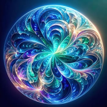 Abstract, colorful fractal art with flowing, wave-like patterns. Bright glass textures in blue, green and orange for modern designs and backgrounds.