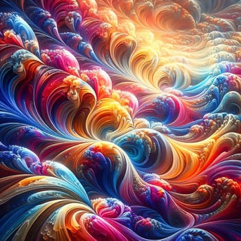 Abstract, colorful fractal art with flowing, wave-like patterns. Bright glass textures in blue, green and orange for modern designs and backgrounds.
