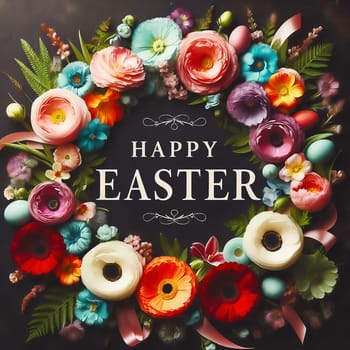 A festive “Happy Easter” lettering surrounded by an ornate floral wreath and decorated Easter eggs on a dark background - perfect for Easter greetings!
