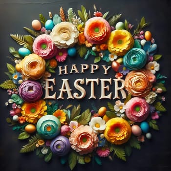 A festive “Happy Easter” lettering surrounded by an ornate floral wreath and decorated Easter eggs on a dark background - perfect for Easter greetings!