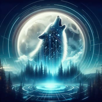 Futuristic holographic wolf howls in front of a glowing moon, surrounded by a digital forest and sci-fi elements. Mystical cyber aesthetics in blue light.