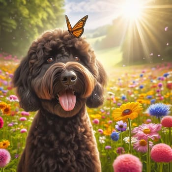 Goldendoodle on a sunny flower meadow, surrounded by colorful blossoms. A butterfly hovers close to his nose. A cheerful, lively natural idyll.