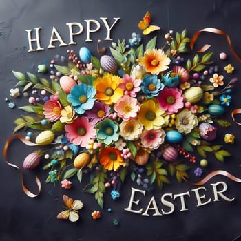 A festive “Happy Easter” lettering surrounded by an ornate floral wreath and decorated Easter eggs on a dark background - perfect for Easter greetings!