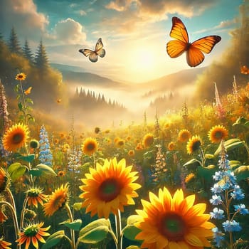 Idyllic summer meadow with bright sunflowers and two floating butterflies. Dreamlike nature, warm colors and a touch of romance.