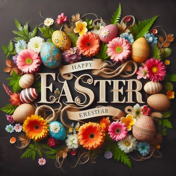 A festive “Happy Easter” lettering surrounded by an ornate floral wreath and decorated Easter eggs on a dark background - perfect for Easter greetings!