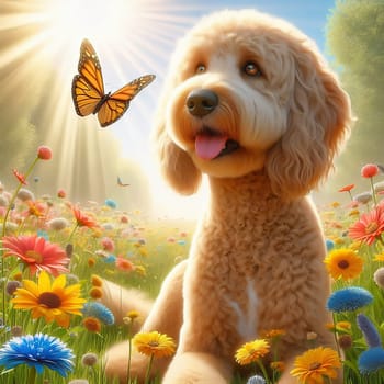 Goldendoodle on a sunny flower meadow, surrounded by colorful blossoms. A butterfly hovers close to his nose. A cheerful, lively natural idyll.