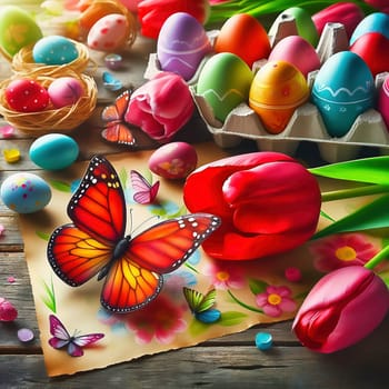 Colorful tulips, decorated Easter eggs and butterflies on a rustic wooden table. Spring-like Easter decorations with vibrant colors and a festive atmosphere.