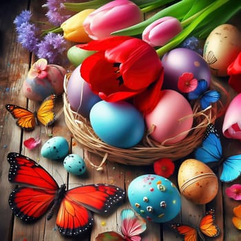 Colorful tulips, decorated Easter eggs and butterflies on a rustic wooden table. Spring-like Easter decorations with vibrant colors and a festive atmosphere.