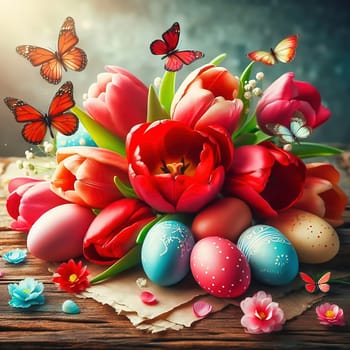 Colorful tulips, decorated Easter eggs and butterflies on a rustic wooden table. Spring-like Easter decorations with vibrant colors and a festive atmosphere.