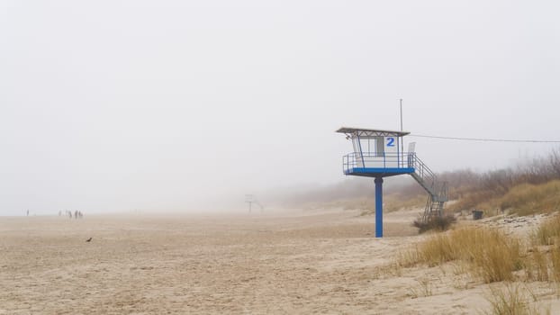 Ahlbeck beach on the German Baltic Sea with rescue tower in winter