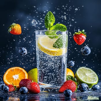 A tall glass of sparkling water filled with fresh lemon slices, strawberries, and blueberries is splashing. The vibrant colors of the fruit create a refreshing, healthy infused water experience.