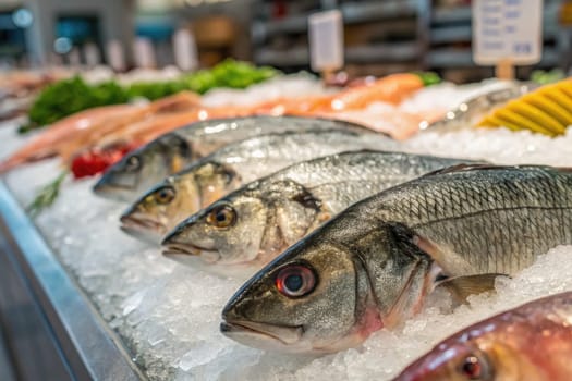 Various types of fish are arranged neatly on ice in a market. The vibrant colors of fresh seafood attract shoppers seeking the days catch. Bright labels indicate types and prices.