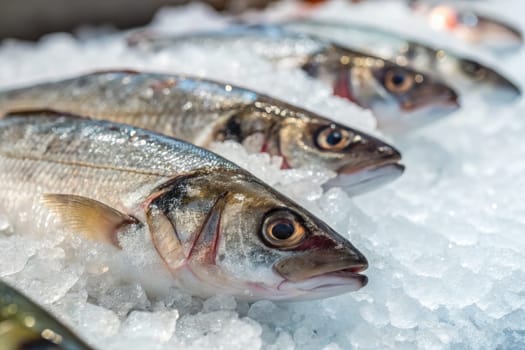 A variety of fish are neatly arranged on a bed of ice at a bustling market. The glistening fish show freshness, highlighting the local seafood offerings available for purchase.