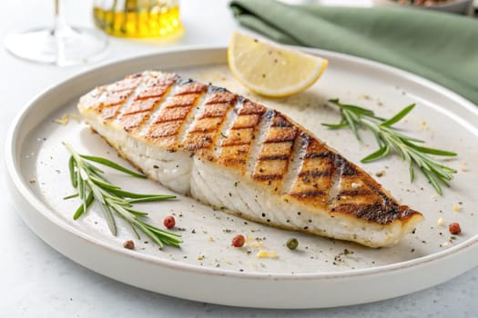 A perfectly grilled fish fillet rests on a white plate, garnished with fresh herbs and a lemon wedge. The dish is beautifully presented, showcasing the grill marks and vibrant colors.