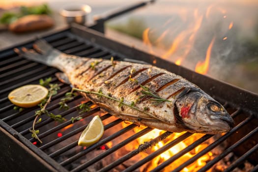 A whole fish is being grilled on a barbecue, surrounded by vibrant flames. Fresh herbs and lemon slices are added for flavor as the sun sets, creating a warm culinary atmosphere.