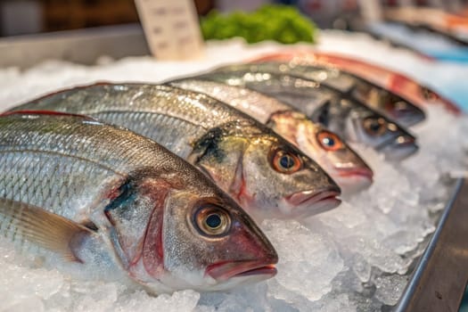 Various types of fish are neatly arranged on a bed of ice at a bustling local market. The display reflects freshness, enticing shoppers to choose their favorites among vibrant selections.