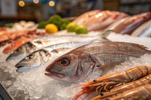 A vibrant seafood display features various fish and shellfish arranged on ice, with colorful citrus fruits adding freshness. The setting is a bustling market, highlighting the day’s fresh catch.