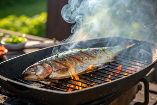 A large fish is being grilled on a barbecue grill, surrounded by smoke and flames. Fresh herbs are sprinkled on top, highlighting a summer cooking experience in a sunny backyard.