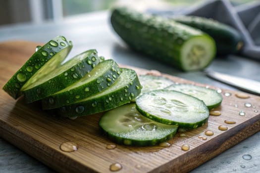 Slices of fresh cucumber are neatly arranged on a wooden cutting board, showcasing their crisp texture and vibrant green color. Water droplets glisten on the surface, adding freshness.