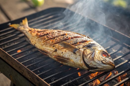 A beautifully grilled fish is placed on a barbecue grill, with smoke rising and flames visible. This outdoor cooking activity showcases culinary skills and summertime enjoyment.